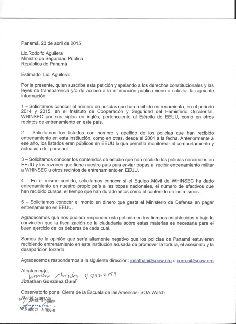 Carta entregada al Ministerio de Seguridad en la República de Panamá